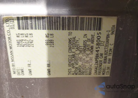 2011 Nissan Altima 2.5 S from USA, damaged, VIN 1N4AL2AP9BN458005